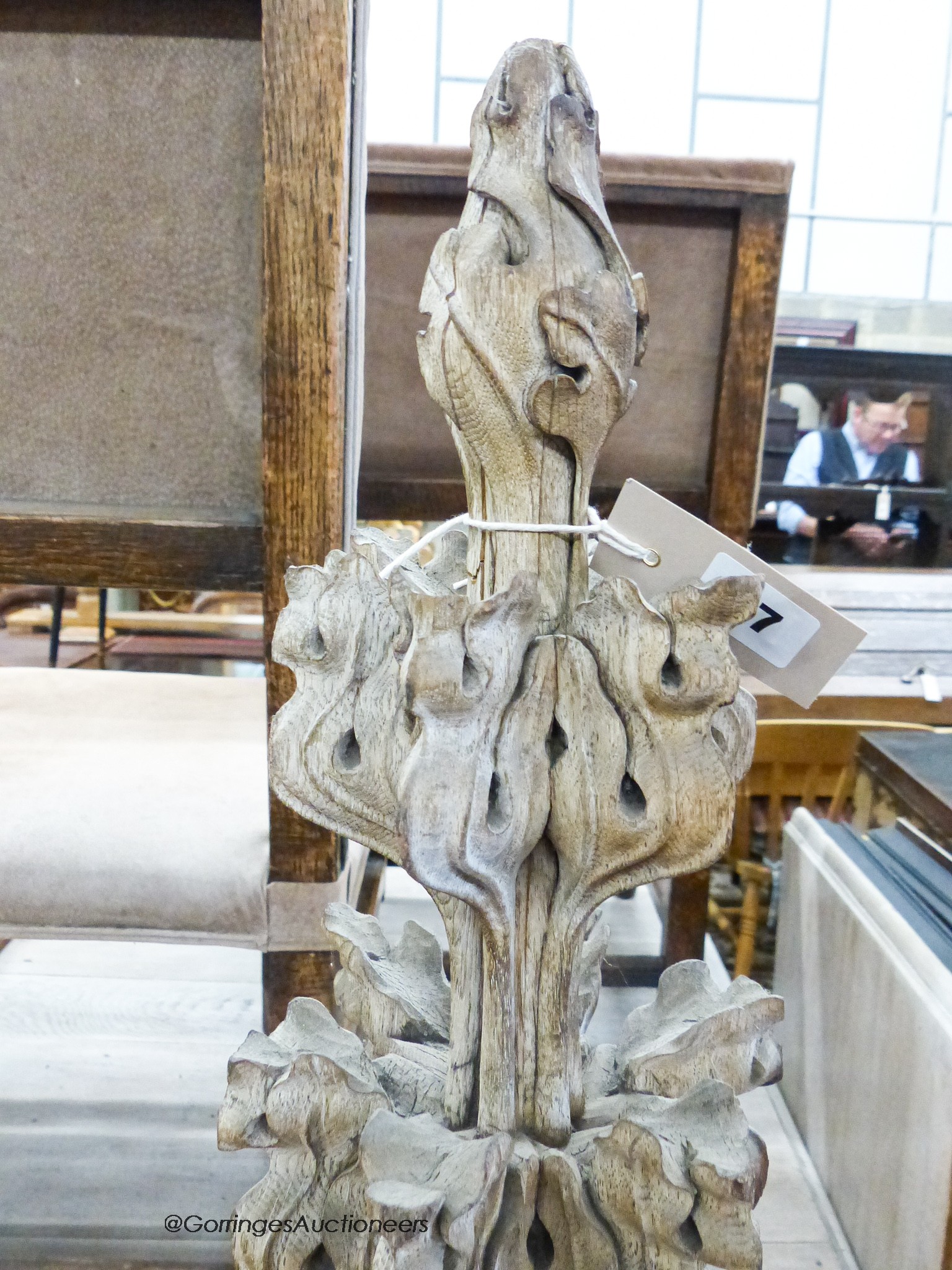 A 19th century decorative carved limed oak finial, height 80cm